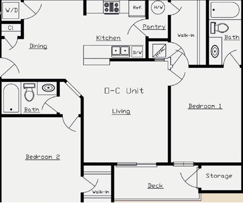 Floor plan for 2 beds, 2 baths, 1062 sqft